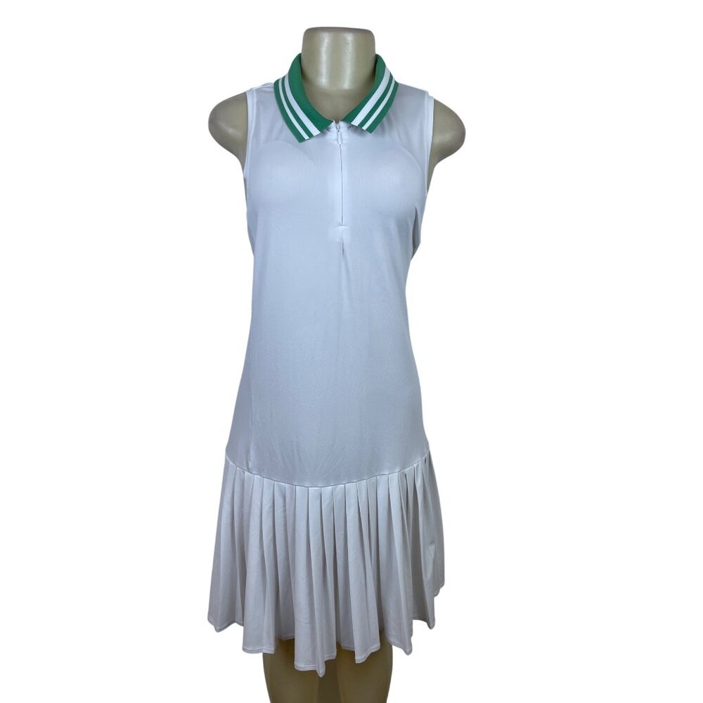 Addison Bay White Tennis Dress Sleeveless Pleated Skirt & Green Collar Sz XXL